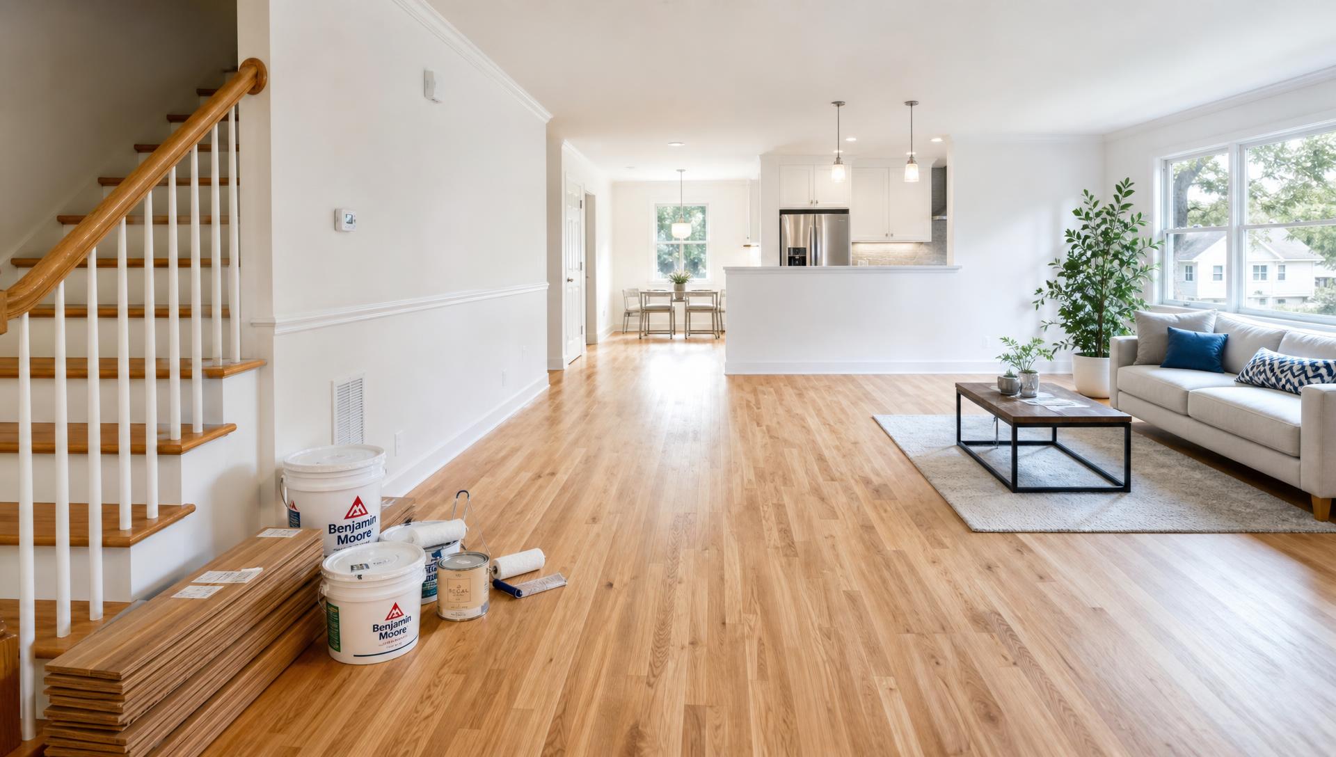 Bright, freshly renovated living room with pristine white walls, warm hardwood floors and natural daylight